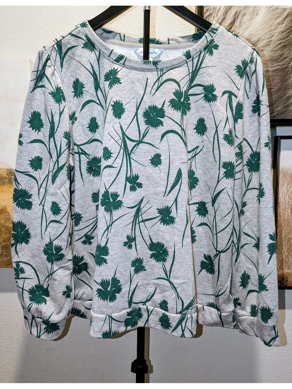 Liz Claiborne Gray Green Botanical Floral Crewneck Sweatshirt XL